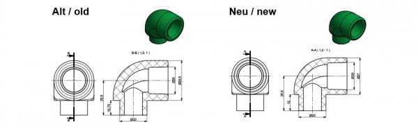 Изменение конструкции фитинга арт. изделия 0012308 aquatherm L 90 &deg; - 20 мм